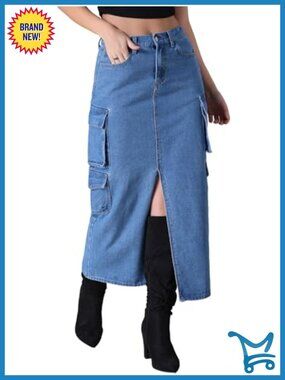 Cargo Maxi Denim Skirt High Waist Slit Front Pockets Long Jean Skirt